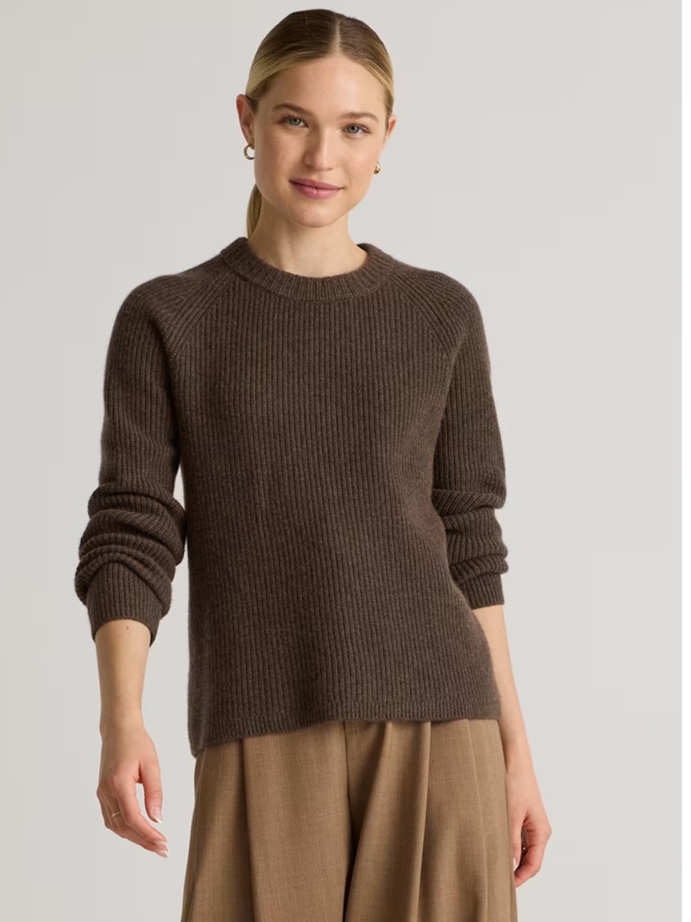 Quince Mongolian Cashmere Fisherman Crewneck Sweater - Brown